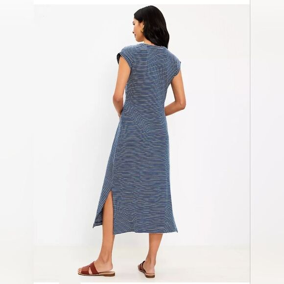 LOFT Blue & White Stripe Cap Sleeve Tie Waist Split Side Maxi Dress Size XL - Picture 2 of 14